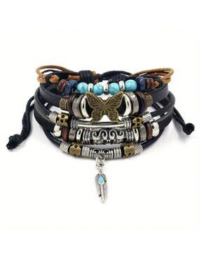 Bracelet Butterfly Leather Cuff Bangle Layered Boho Beads Hippie Turquoise Edgy
